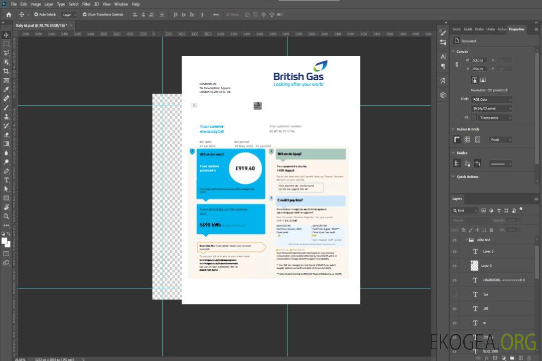 Facture commerciale du service public britannique de gaz et d'électricité SCR template